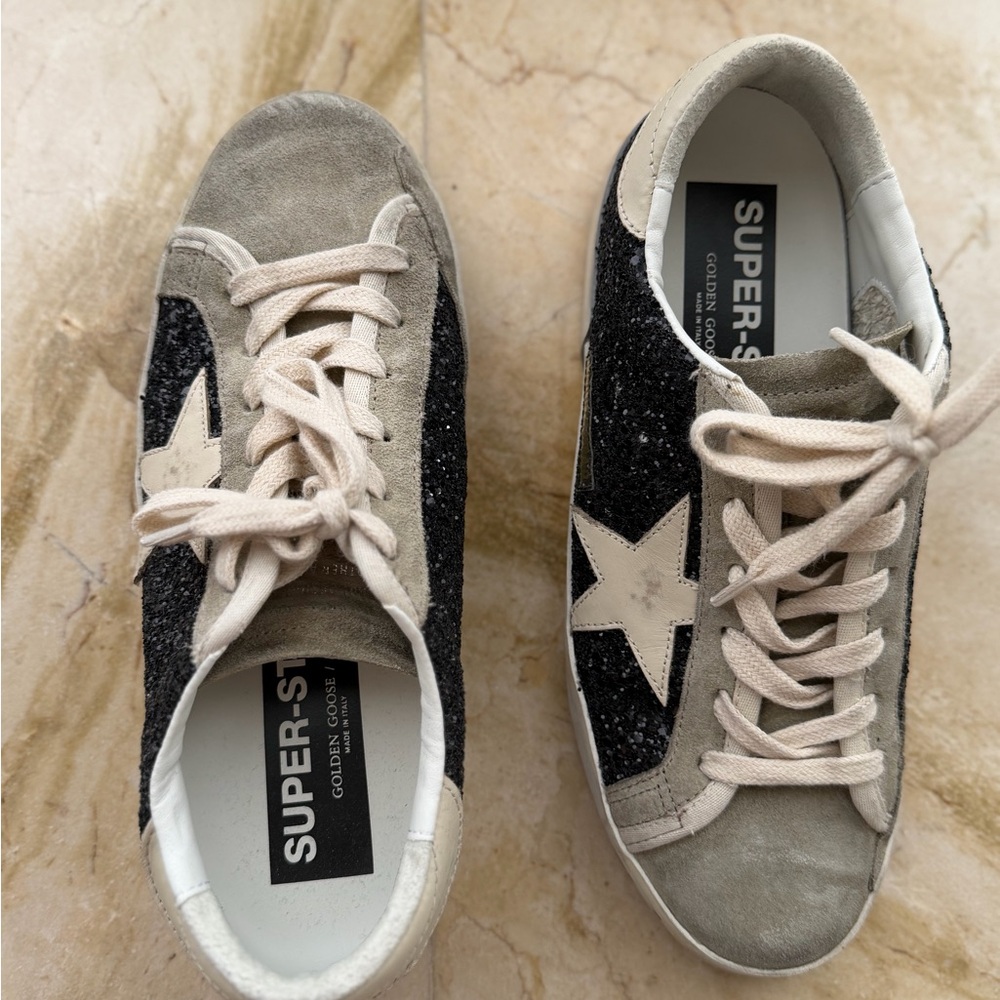 Golden Goose Black Glitter and Gray Super-Star Embellished Sneakers